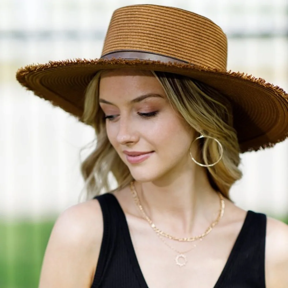 SOLD OUT Brown Straw Wide Brim w/ Frayed Edge Sun Beach Vacation Summer Women's - Picture 2 of 7